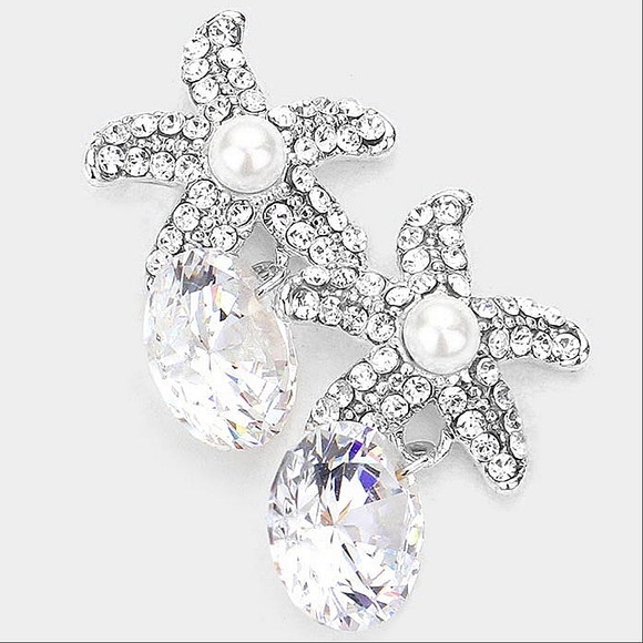 Silver Starfish Crystal Cubic Zirconia Stud Drop Earrings Jewelry - Picture 3 of 3